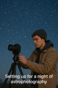 a photo of a beginner setting up a camera on a tripod under a starry sky, captioned: “Setting up for a night of astrophotography.