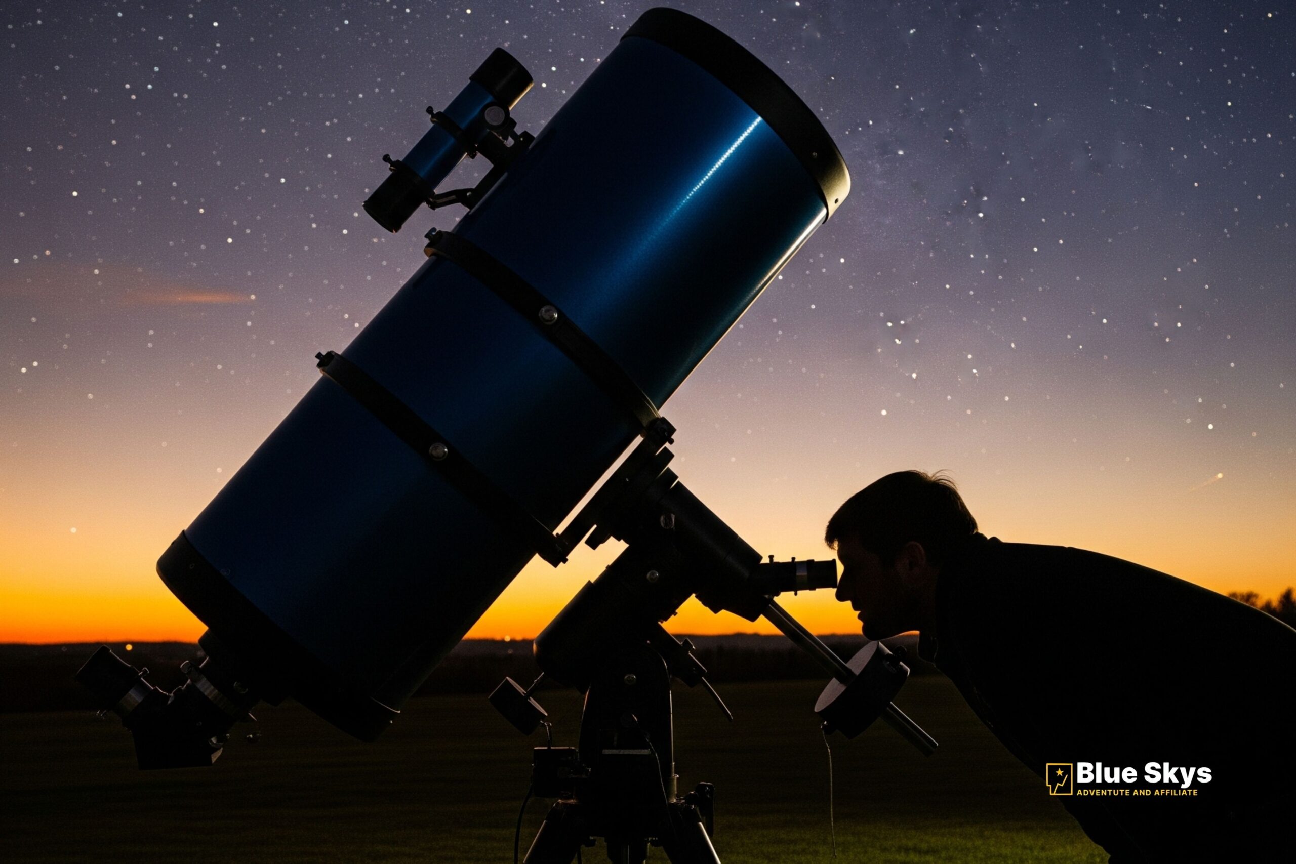 A person observing with a reflector telescope on a tripod in a field.