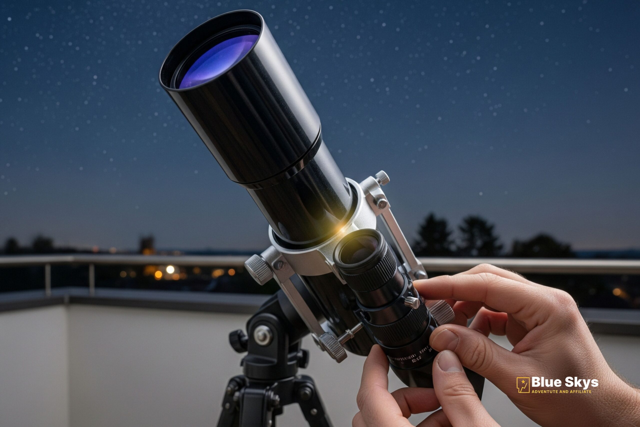 A pair of hands adjusts the focus on a slim, black refractor telescope, positioned on a balcony at night.