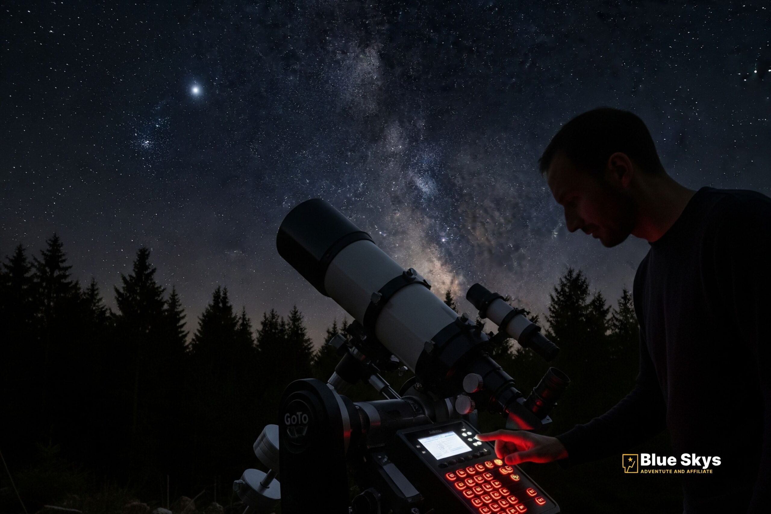 Hands adjusting a refractor telescope's focus knob against a starry night sky.