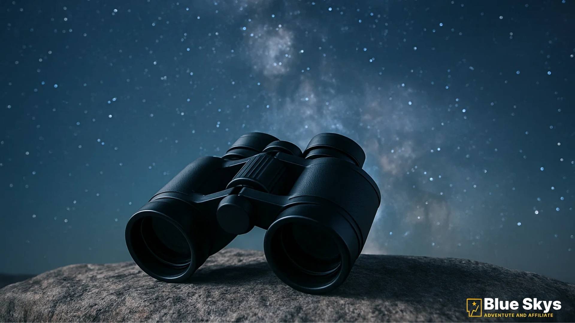 Black binoculars on a rock under a star-filled night sky, symbolizing the best binoculars for stargazing beginners in 2025.