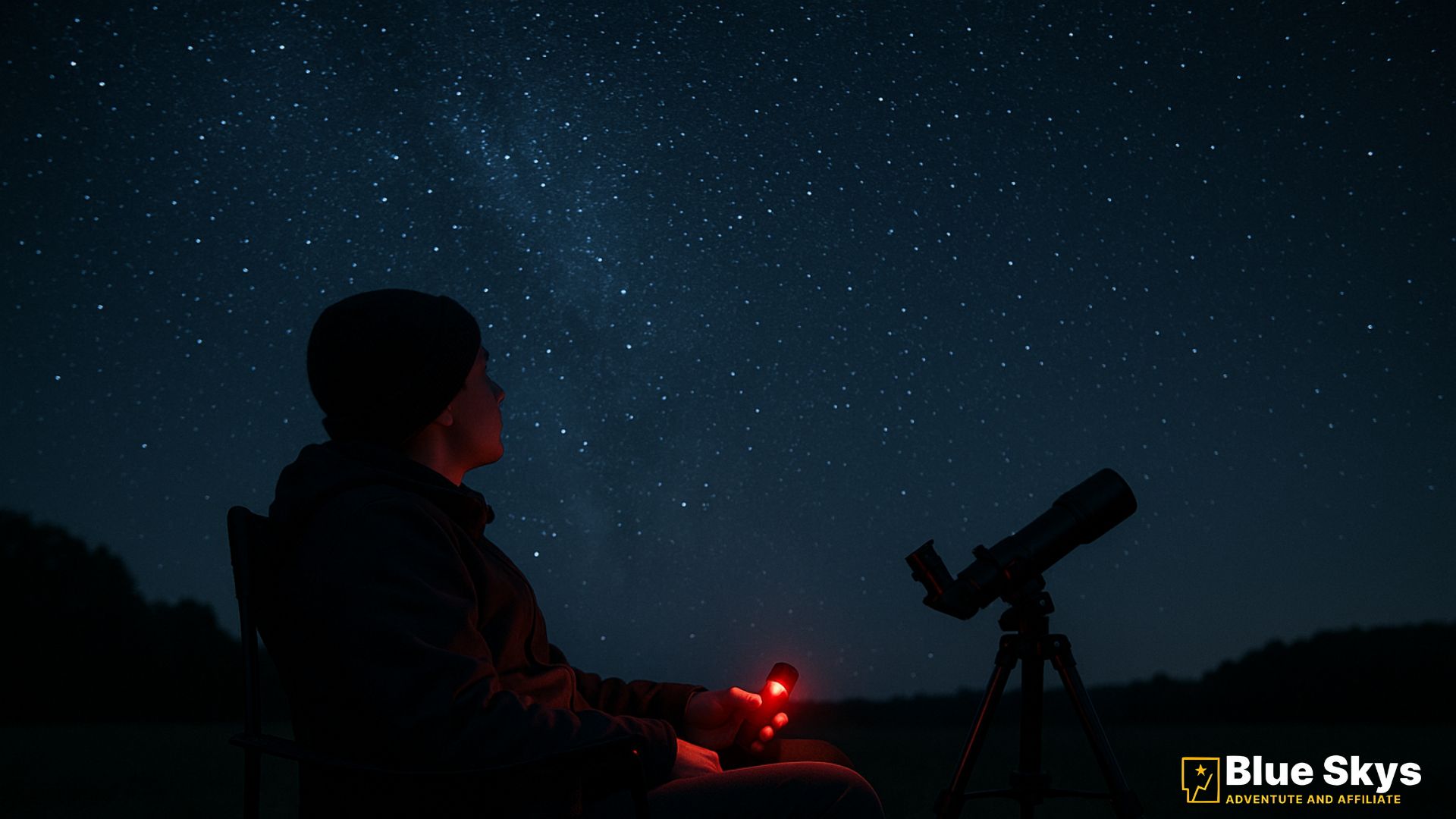 Beginner stargazer using a telescope on a tripod with a red flashlight and observing chair under a starry night sky