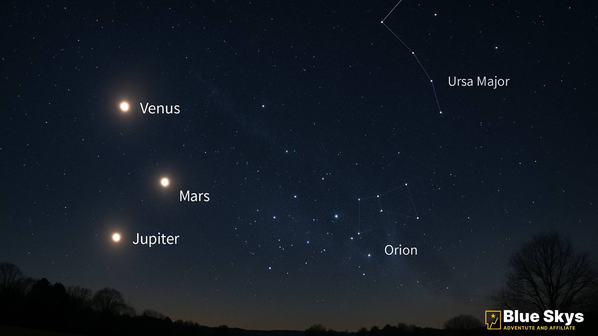Realistic astronomy photo of the night sky with Orion, Ursa Major, and bright planets Venus, Mars, and Jupiter.