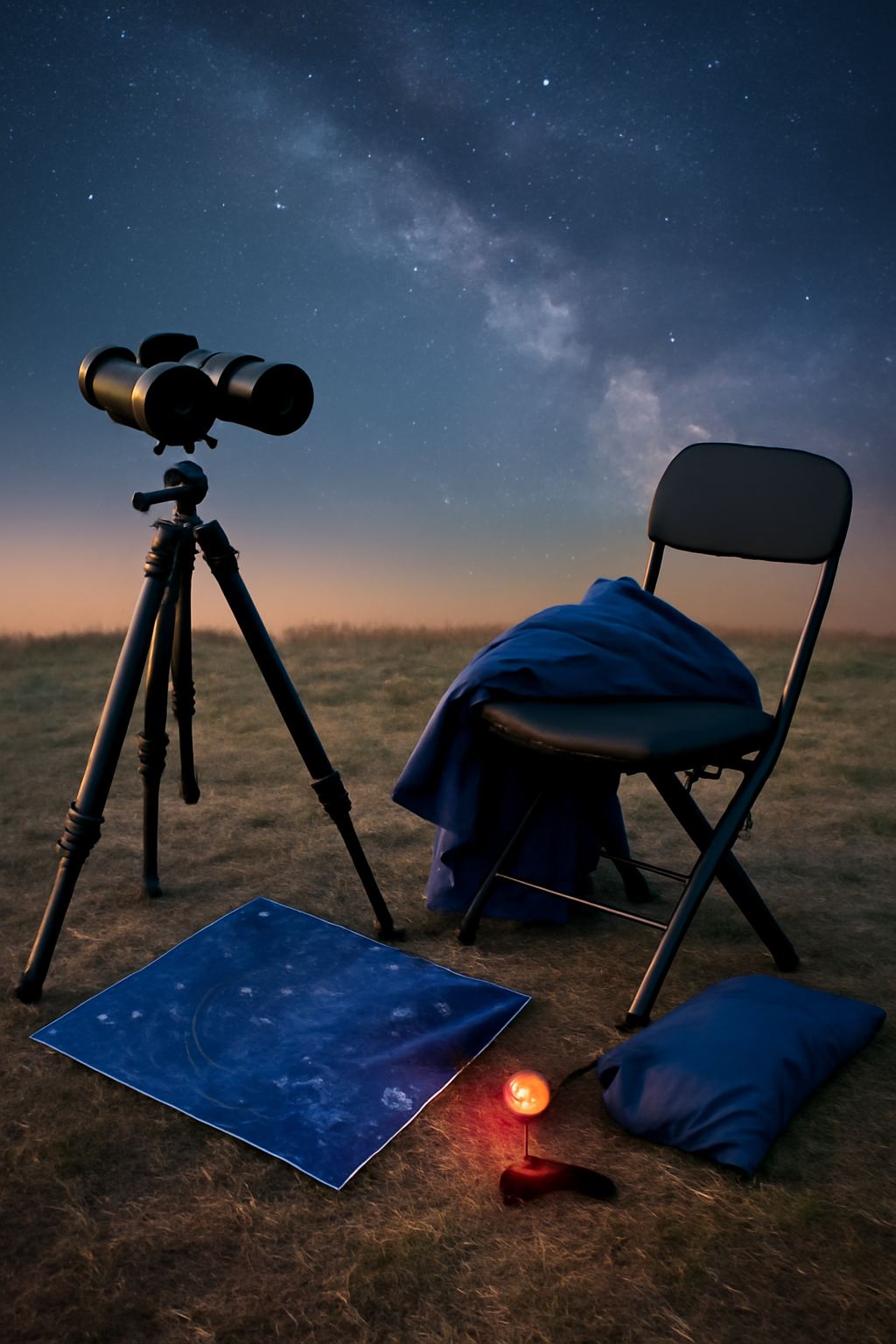 Stargazing gear, including binoculars on a tripod, a star chart, a red flashlight, and an observing chair, set on dry grass under a starry sky