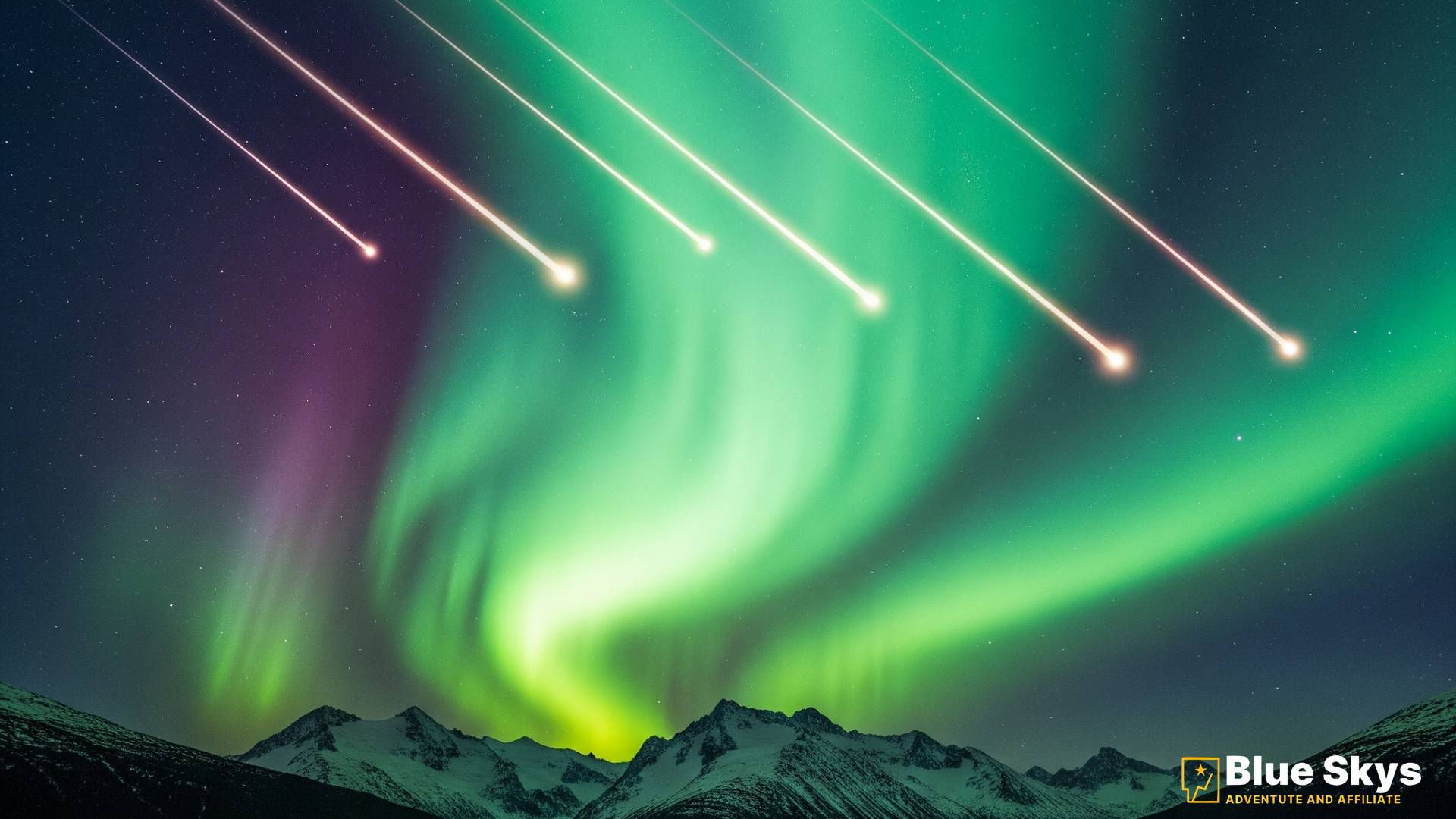A vibrant green aurora borealis with a few meteor streaks in the night sky.