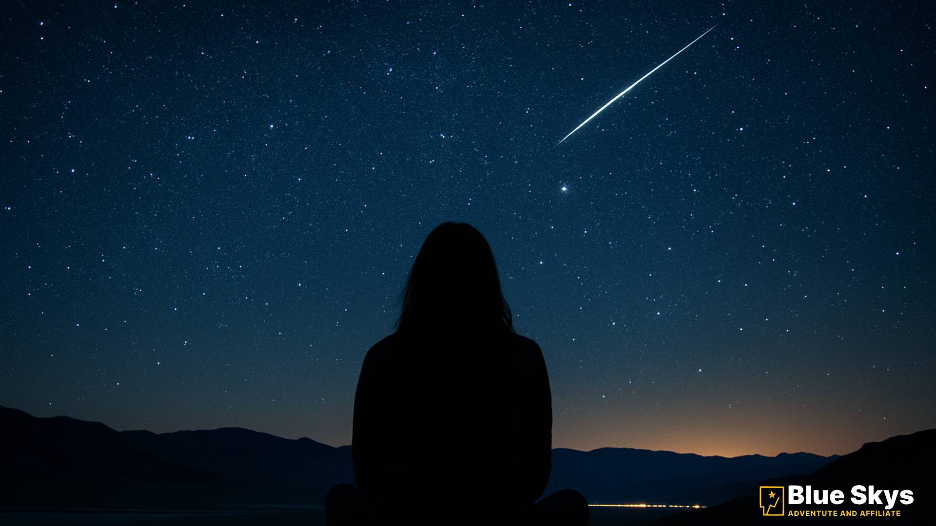 A female silhouetted on a hill watching a meteor streak across a starry night sky