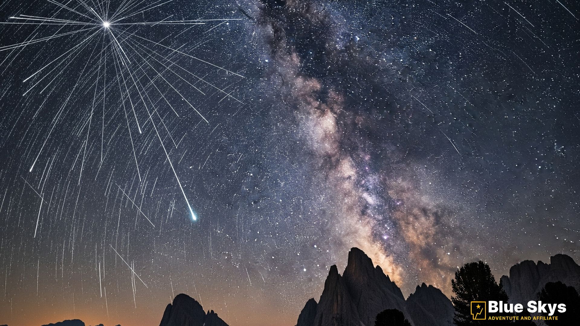 A meteor shower of several bright streaks over a dramatic mountain landscape at night