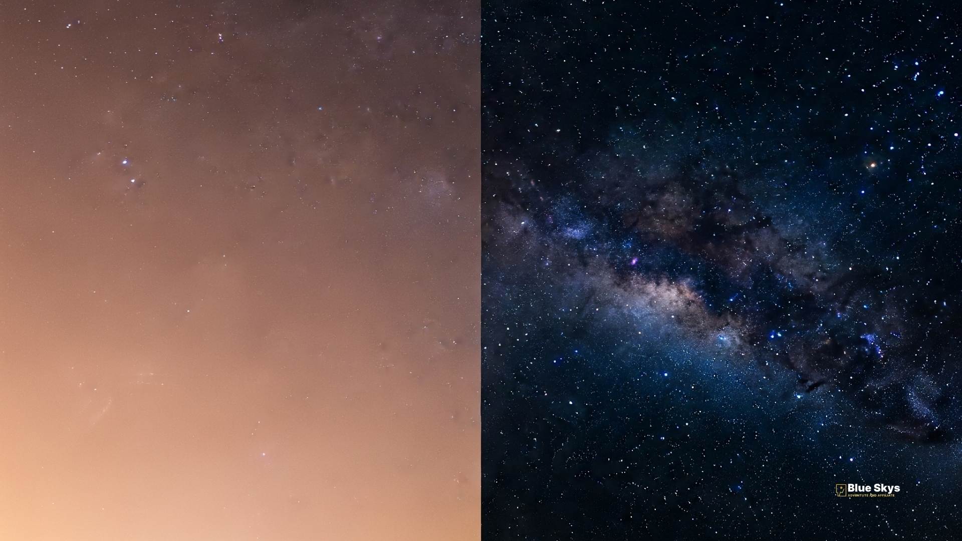 Realistic split photograph showing a light-polluted sky versus a dark, star-filled night sky.