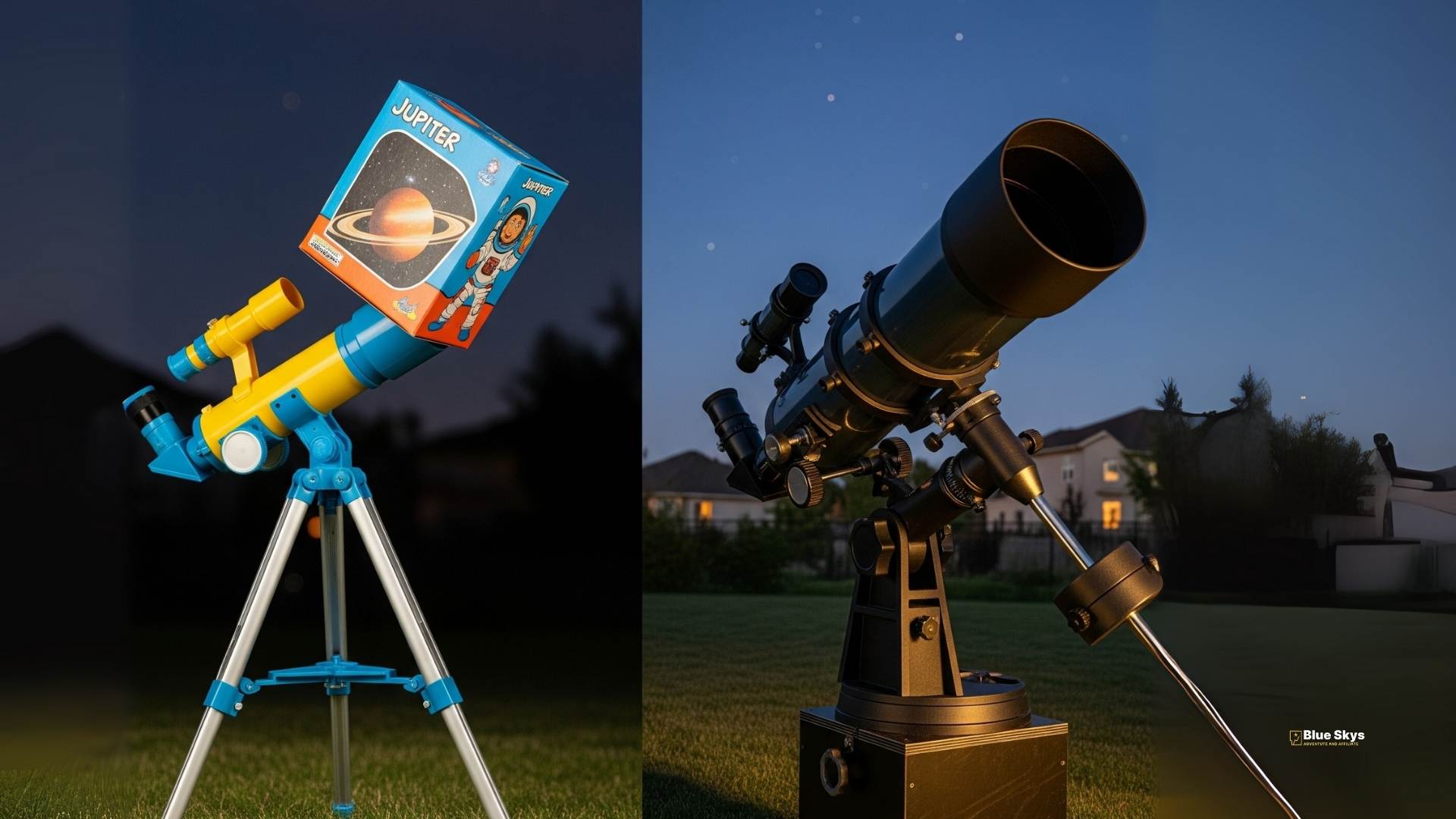 Comparison of a flimsy toy telescope and a sturdy beginner telescope in a field.