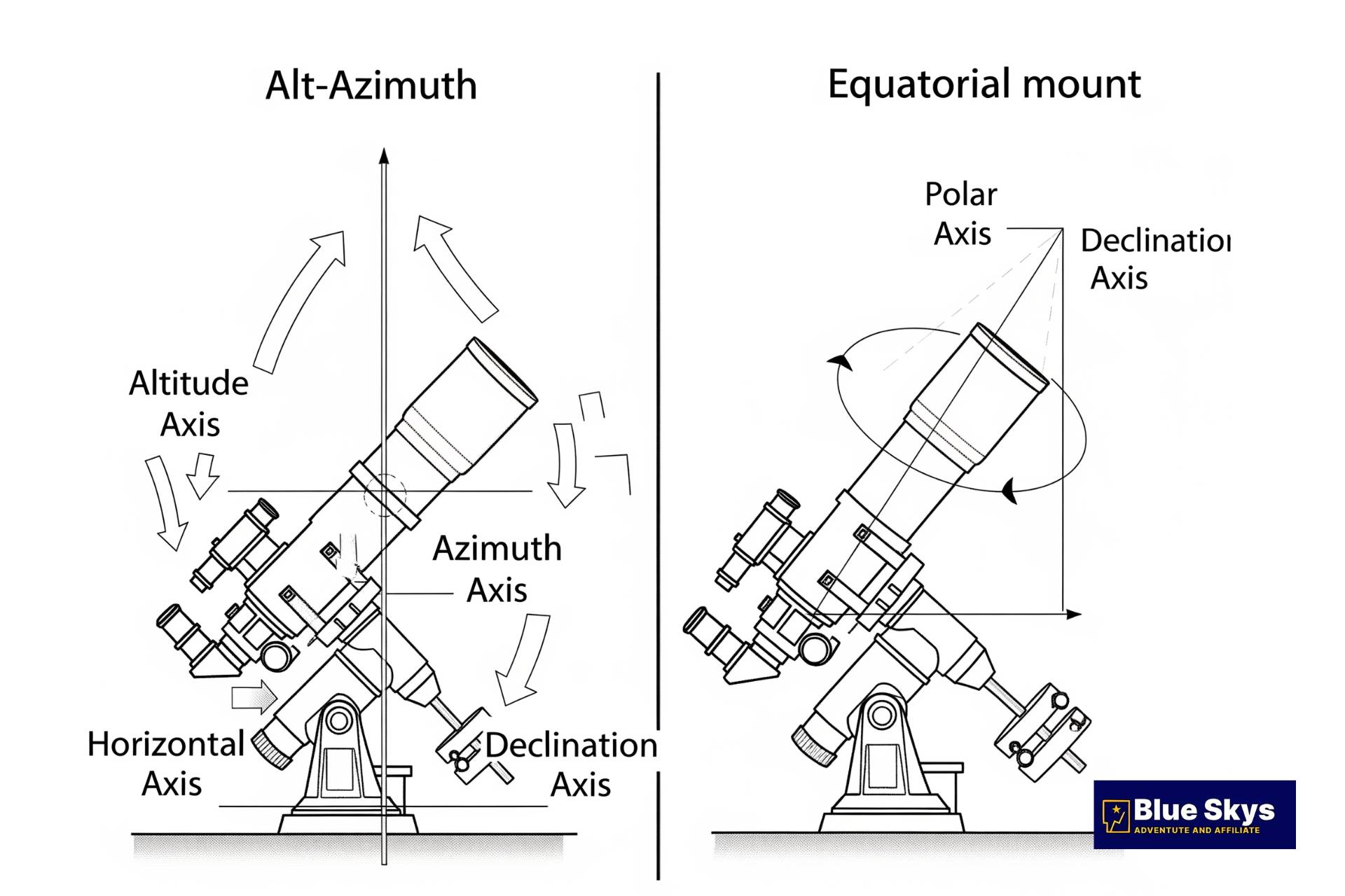 A side-by-side comparison diagram showing the two types of telescope mounts: an Alt-Azimuth mount with vertical and horizontal movement and an Equatorial mount with a single polar axis.