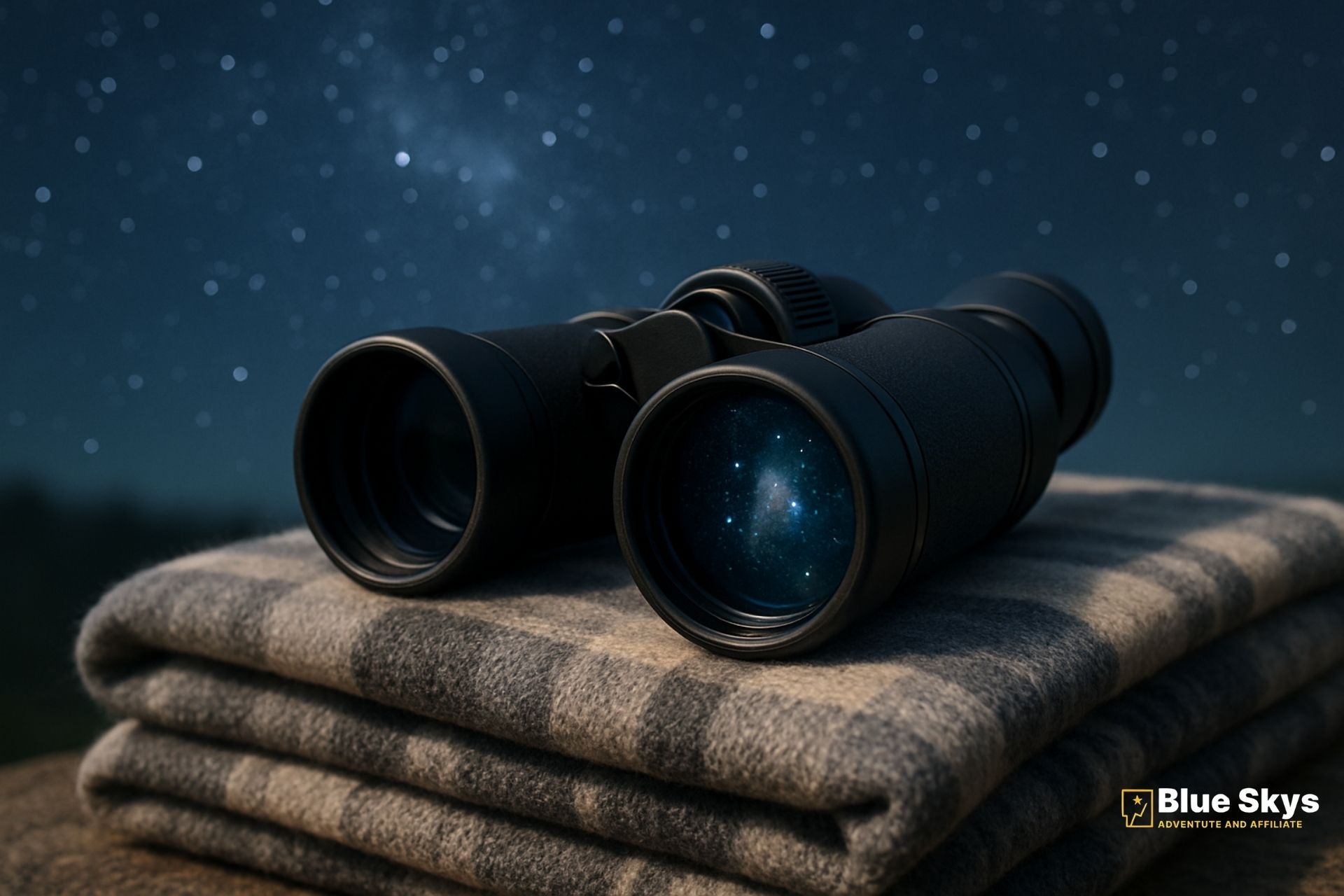 A pair of black binoculars rests on a blanket under a clear, starry night sky.