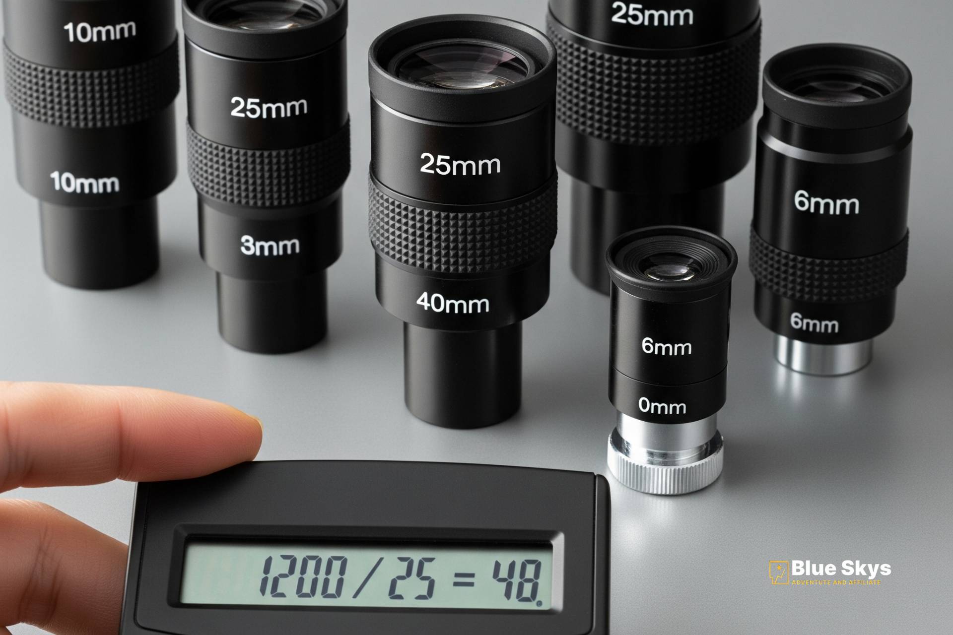 A variety of telescope eyepieces are displayed next to a person's hand calculating magnification on a calculator.