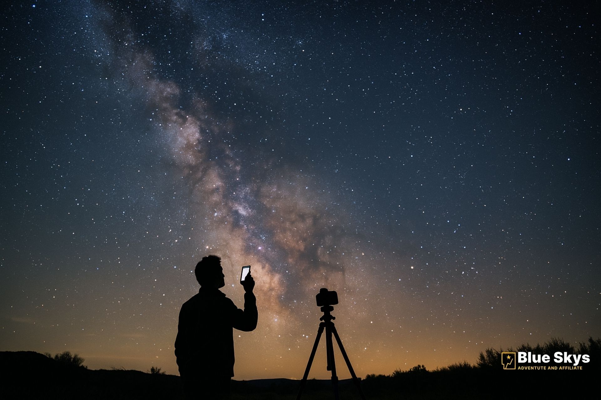 A silhouetted person looks up at the Milky Way with a phone, while a tripod holds a camera nearby.