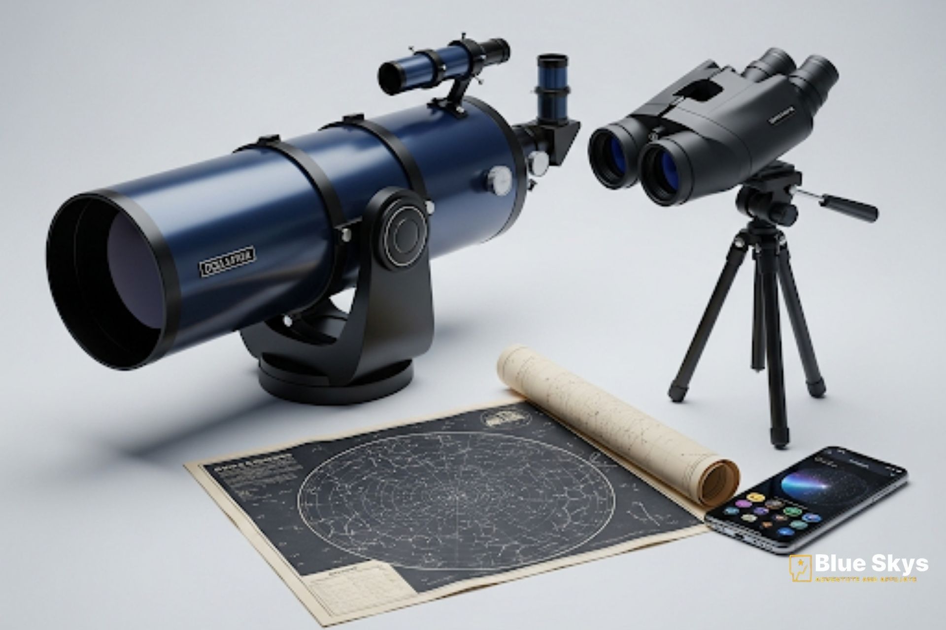 An array of stargazing equipment including a Dobsonian telescope, binoculars, star chart, and smartphone.