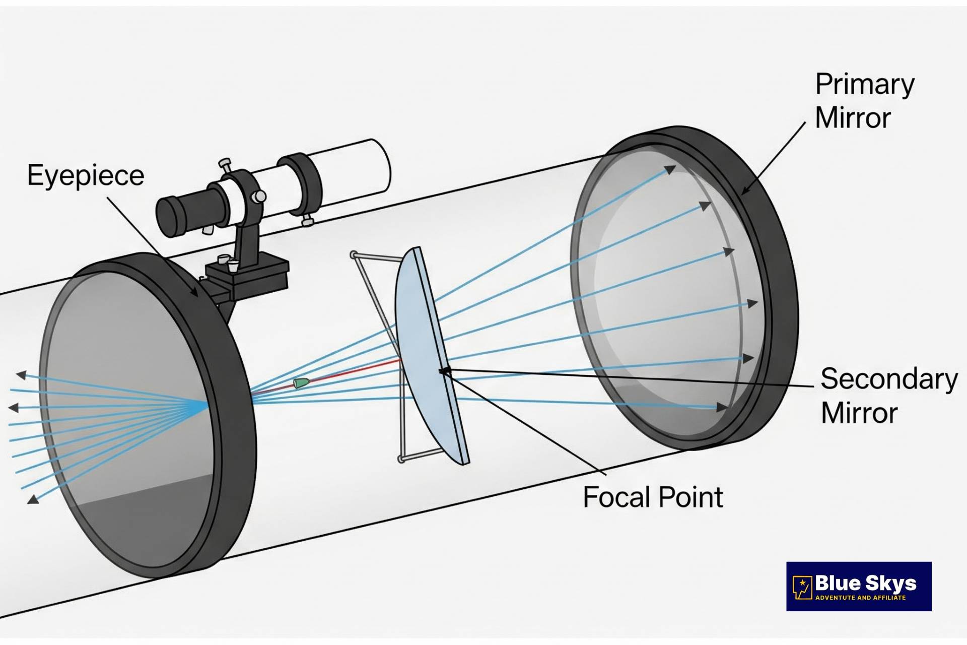 A labeled diagram showing the light path of a reflector telescope using a primary and secondary mirror.