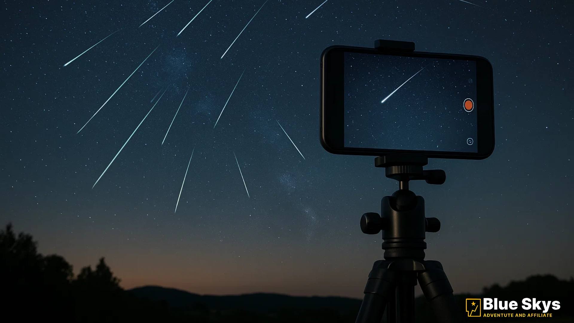 Tripod-mounted smartphone points at the night sky ready for Orionid meteor shower photography, 2025