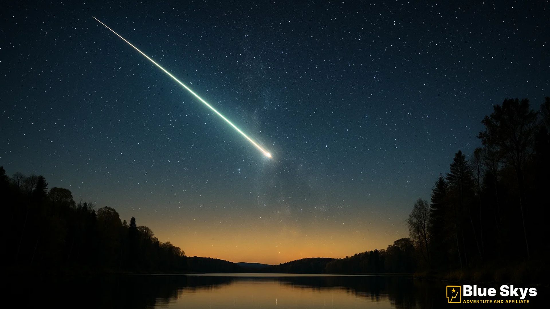 A bright Taurid meteor fireball streaks over a still autumn lake at night, its reflection glowing on the water beneath a starry sky.