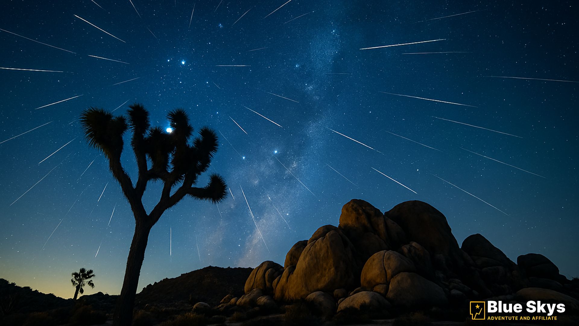 Long‑exposure of Geminid meteors streaking over a silhouetted Joshua tree and rock formations with the Gemini radiant near Castor and Pollux.