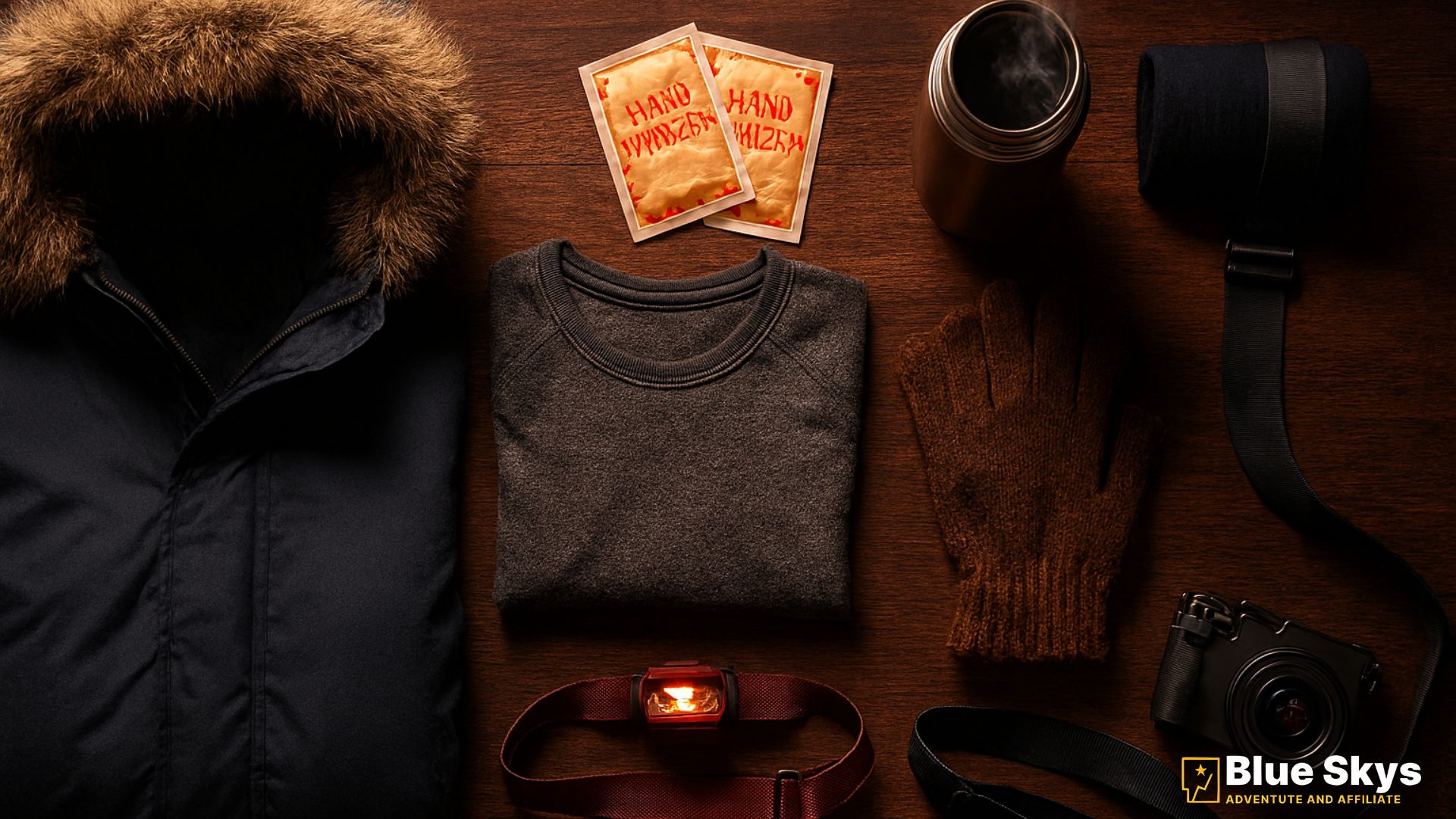 Flatlay of cold‑weather stargazing gear including an insulated parka, hand warmers, red headlamp, and insulated thermos.