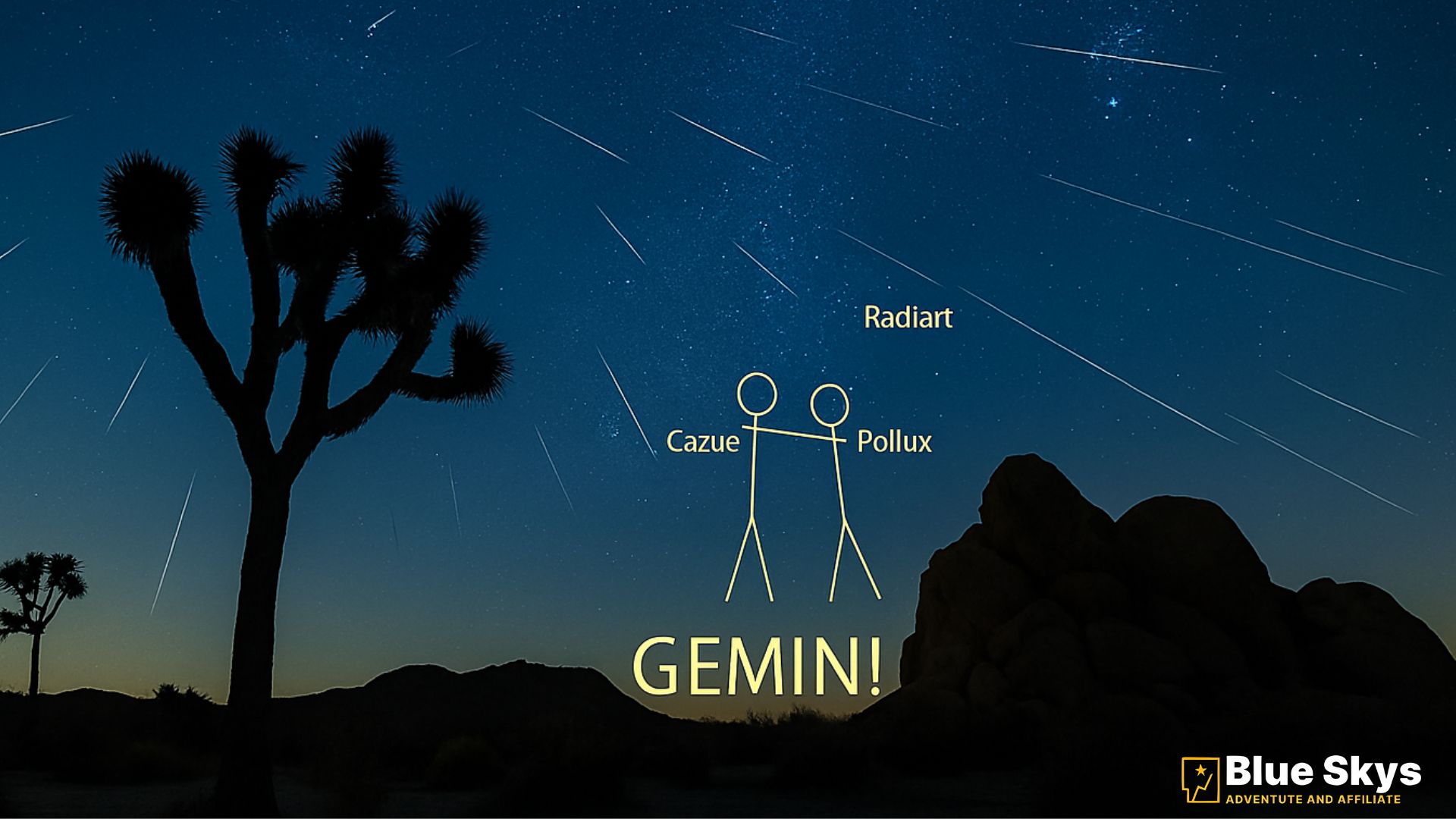 Panoramic night shot of Geminid meteors above silhouetted Joshua trees and rock formations. 