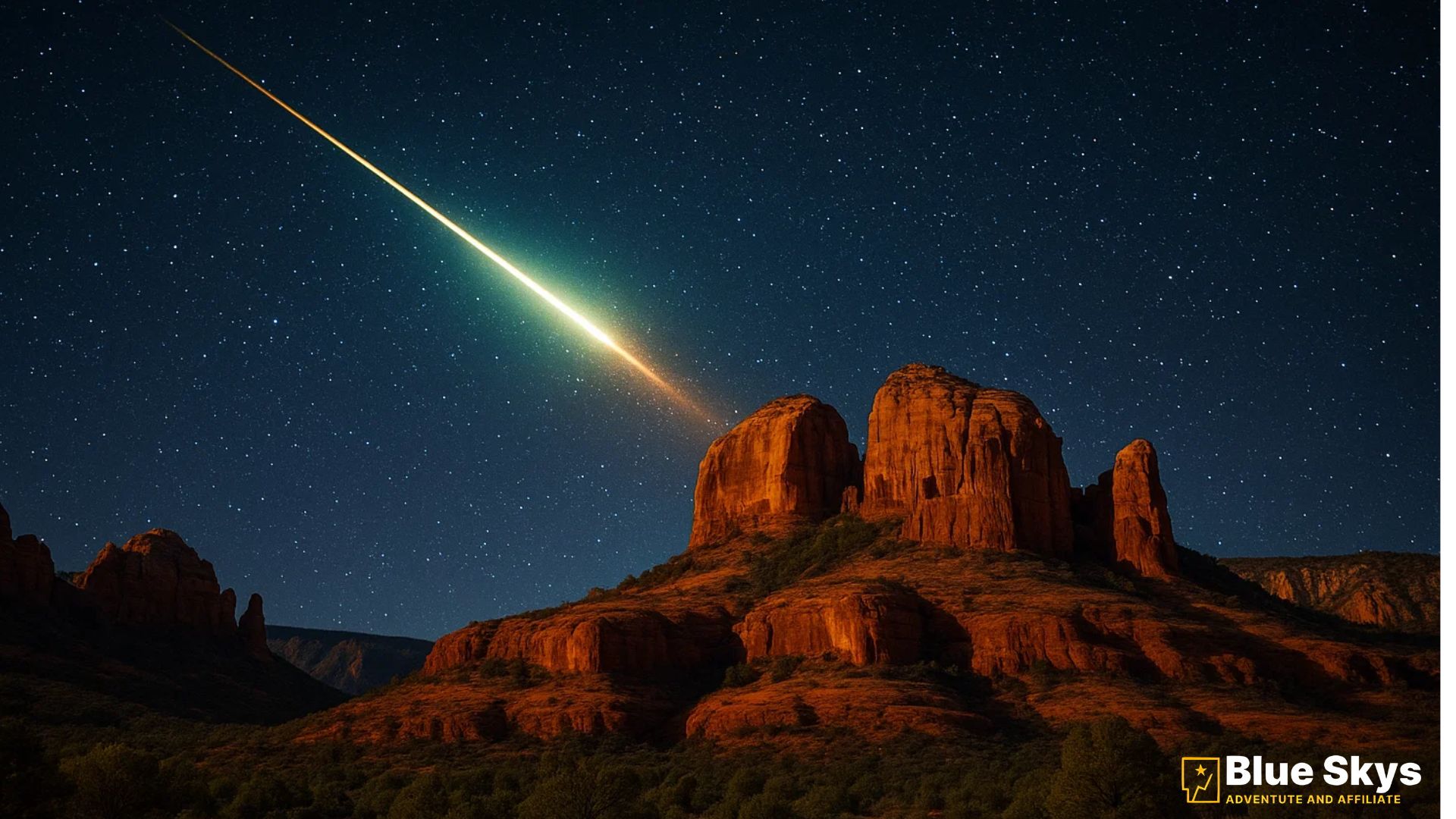 Bright Orionid meteor fireball seen over Sedona’s red rocks under starry dark sky, 2025