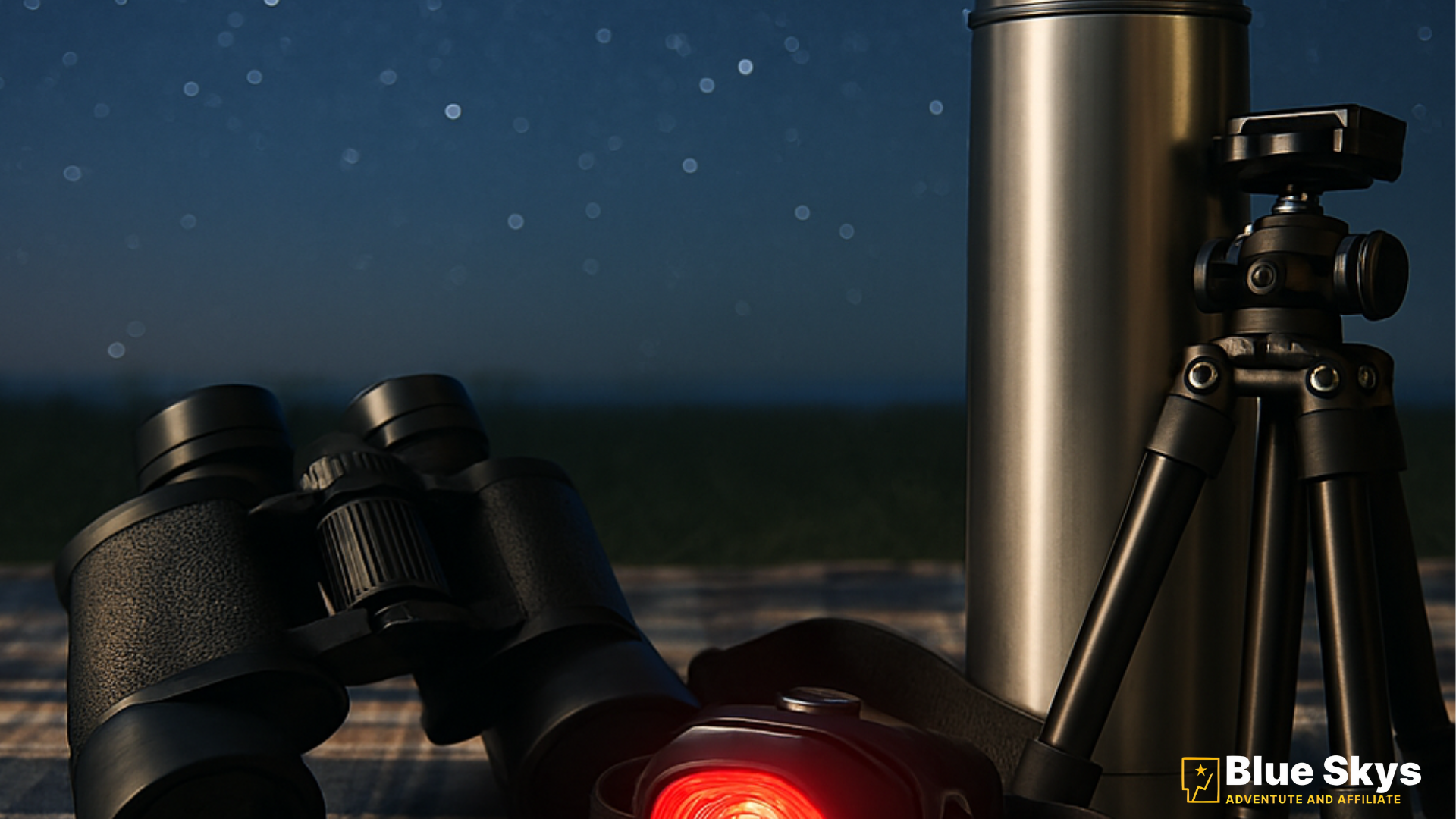Binoculars, tripod, and stargazing essentials set up under the night Dark sky for the Draconid meteor shower.