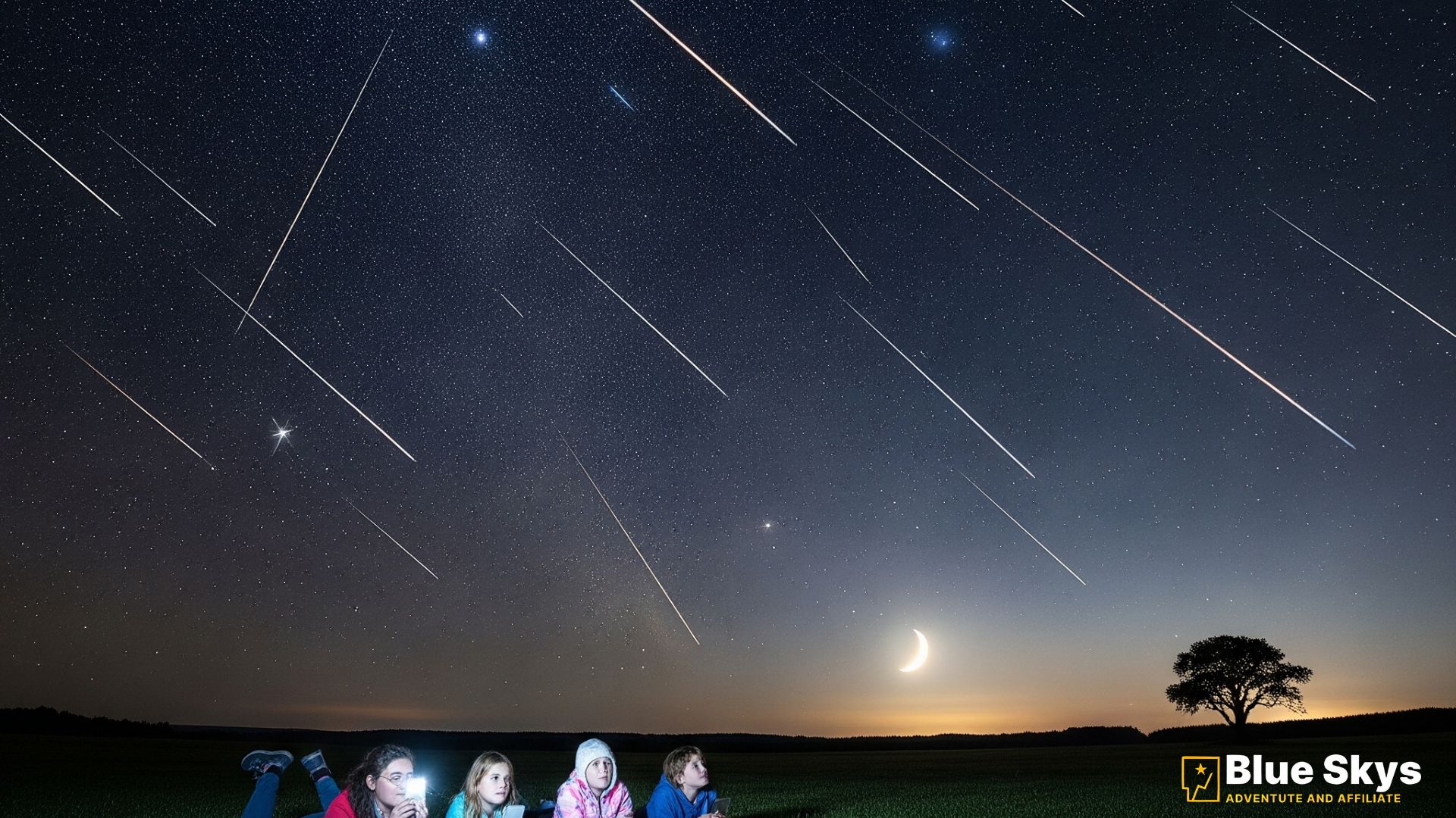 A family setting up blankets and chairs to watch the Draconid meteor shower at twilight