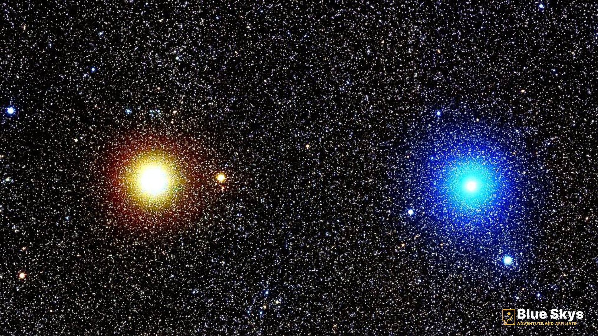 Amage of Albireo, a vibrant binary star system featuring a golden-orange star and a blue-white companion star, set against a dense, dark starry field with subtle hints of the Milky Way, showcasing clear separation and diffraction spikes