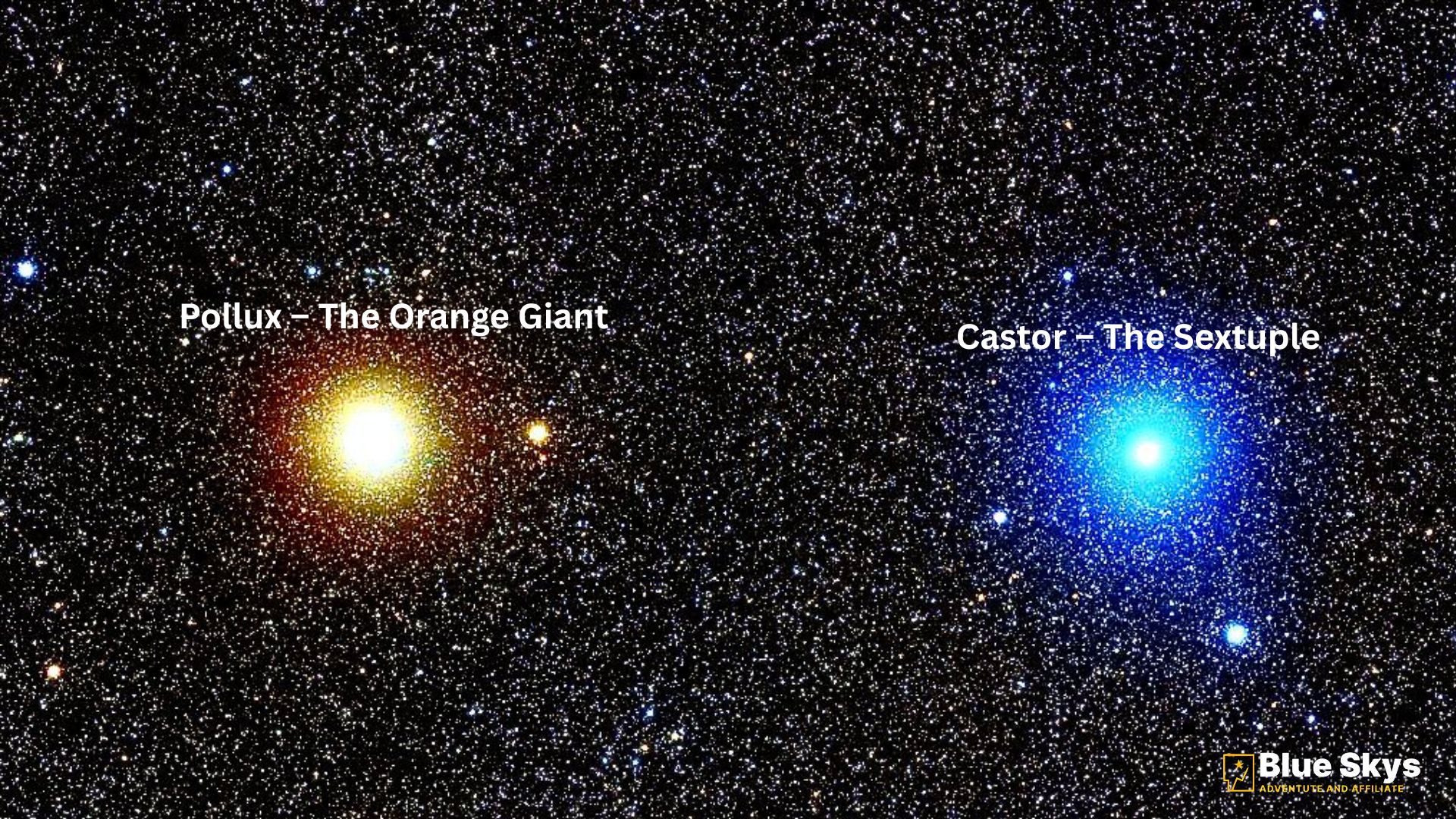 Visual comparison of the twin stars, Pollux (orange giant) and Castor (multi-star system).