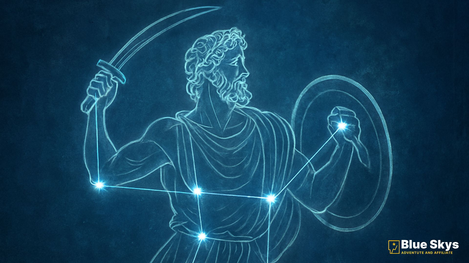 Stylized digital painting of Orion the Hunter in a Greek fresco style, with glowing lines connecting the stars of the constellation.