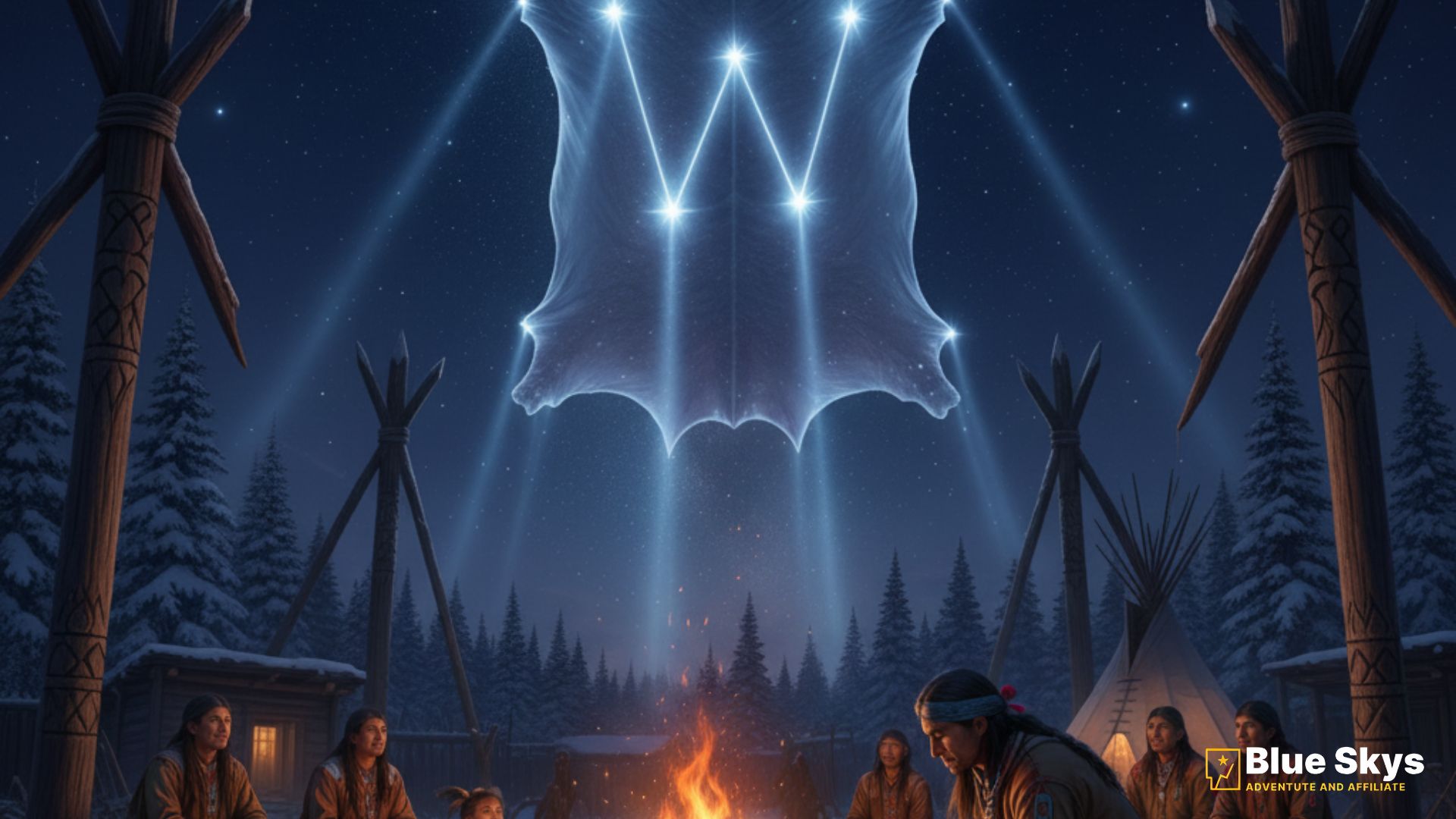 Cassiopeia’s stars depicted as an elk skin stretched in the sky, with a Cree hunter and village below in a night forest scene.