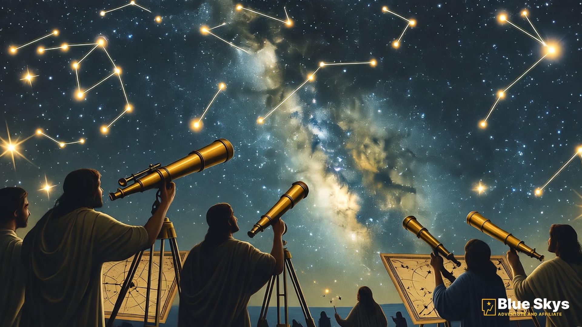 Ancient astronomers observing constellations under the Milky Way night sky.