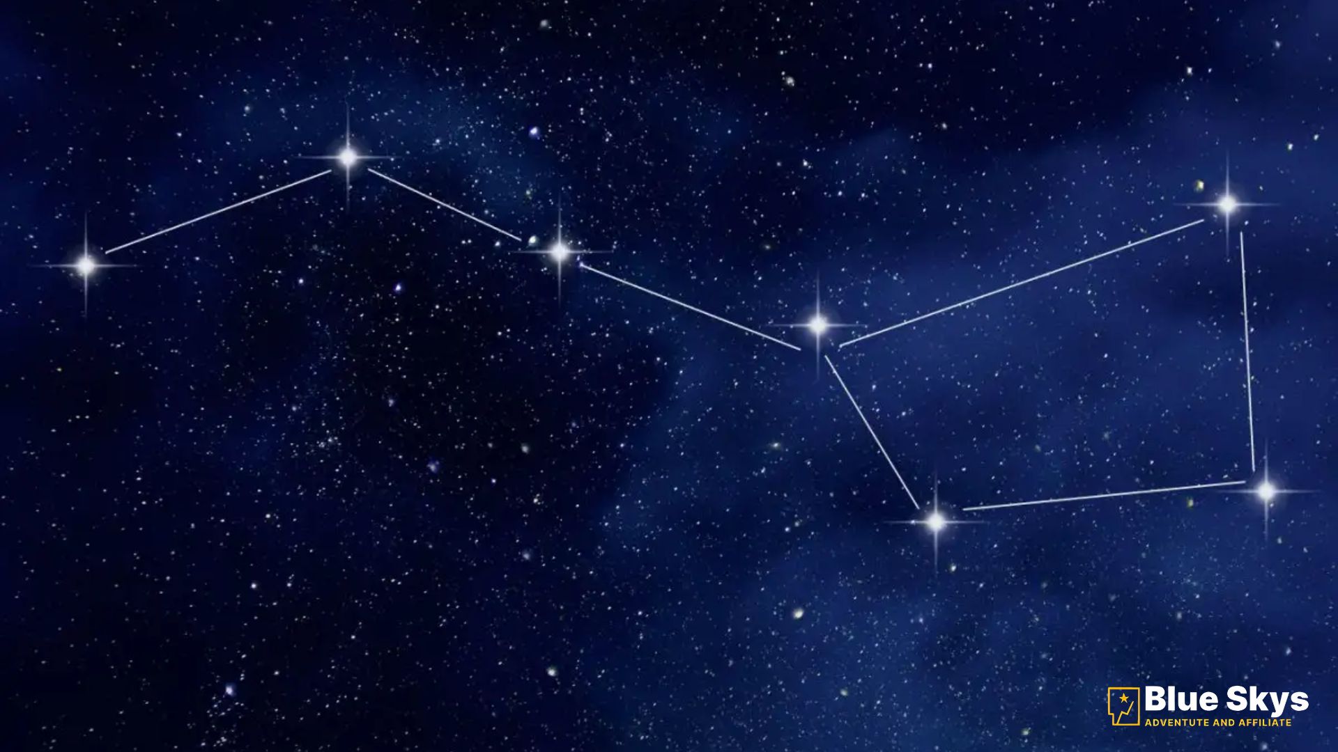 Illustration showing the seven stars of the Big Dipper (an asterism) highlighted within the full outline of the larger Ursa Major Constellation (The Great Bear).