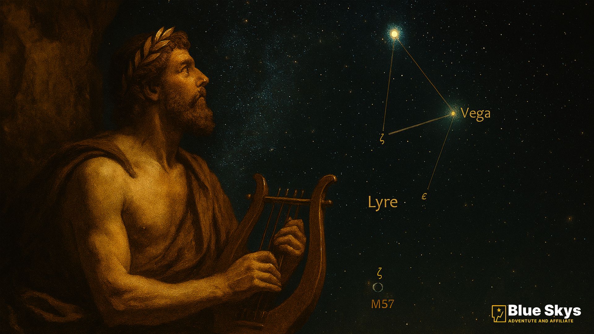 Greek myth of Orpheus playing the lyre under the stars symbolizing Lyra.