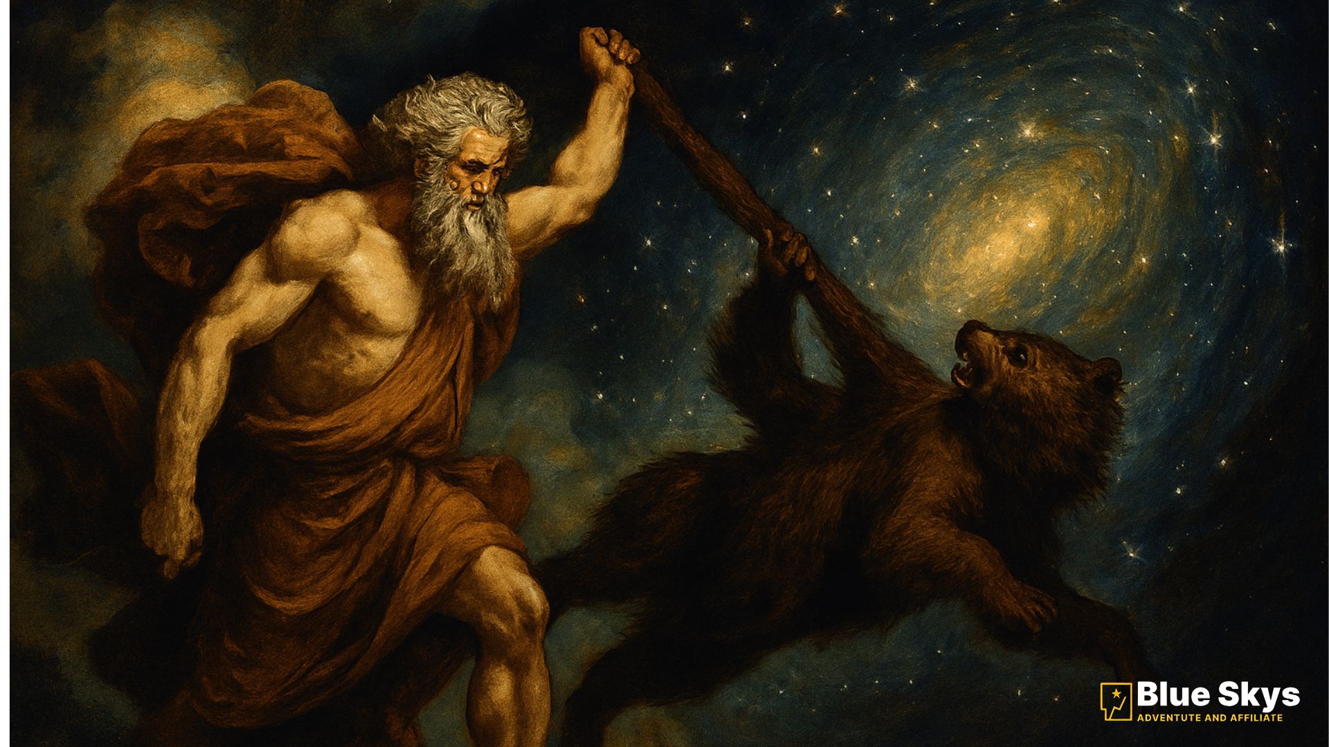 Classical depiction of the Greek myth where Zeus flings Callisto (in bear form) by her tail into the sky, resulting in the Great Bear's unusually long tail.