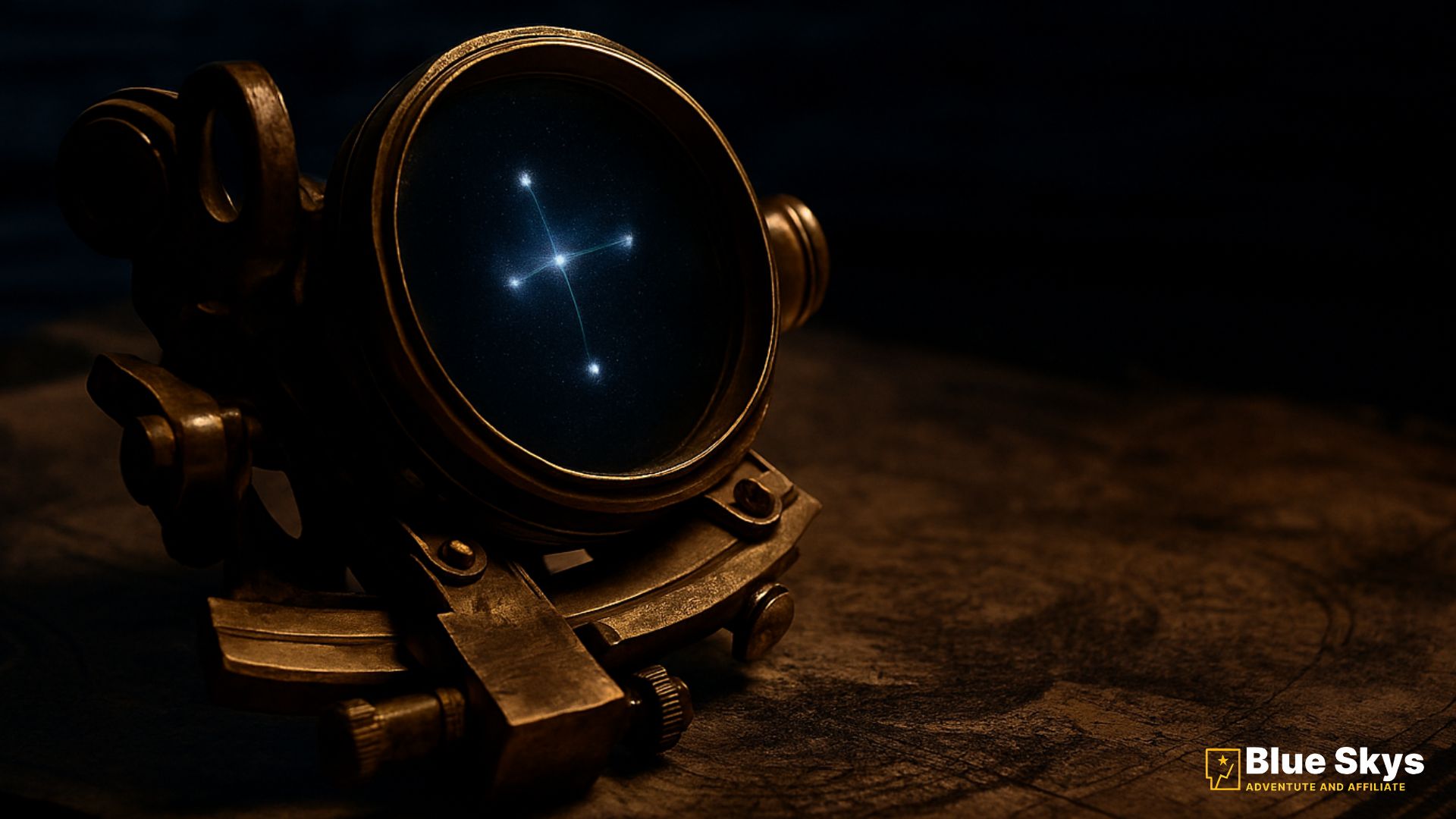 A brass sextant resting on a navigation map, reflecting the Southern Cross (Crux) constellation on its lens.