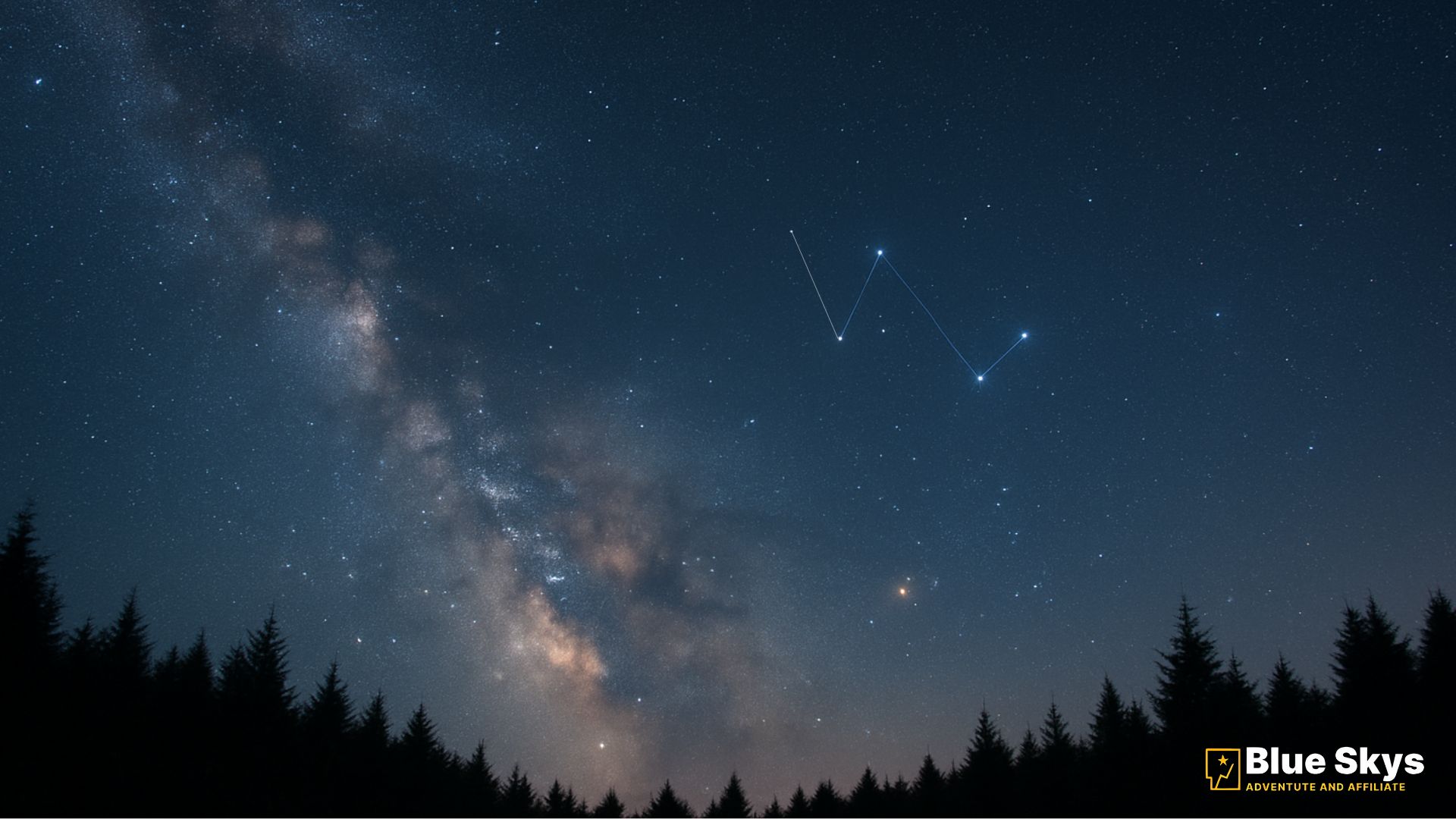 Cassiopeia’s W-shaped constellation prominent in a star-filled autumn night sky with the Milky Way and forest silhouette.
