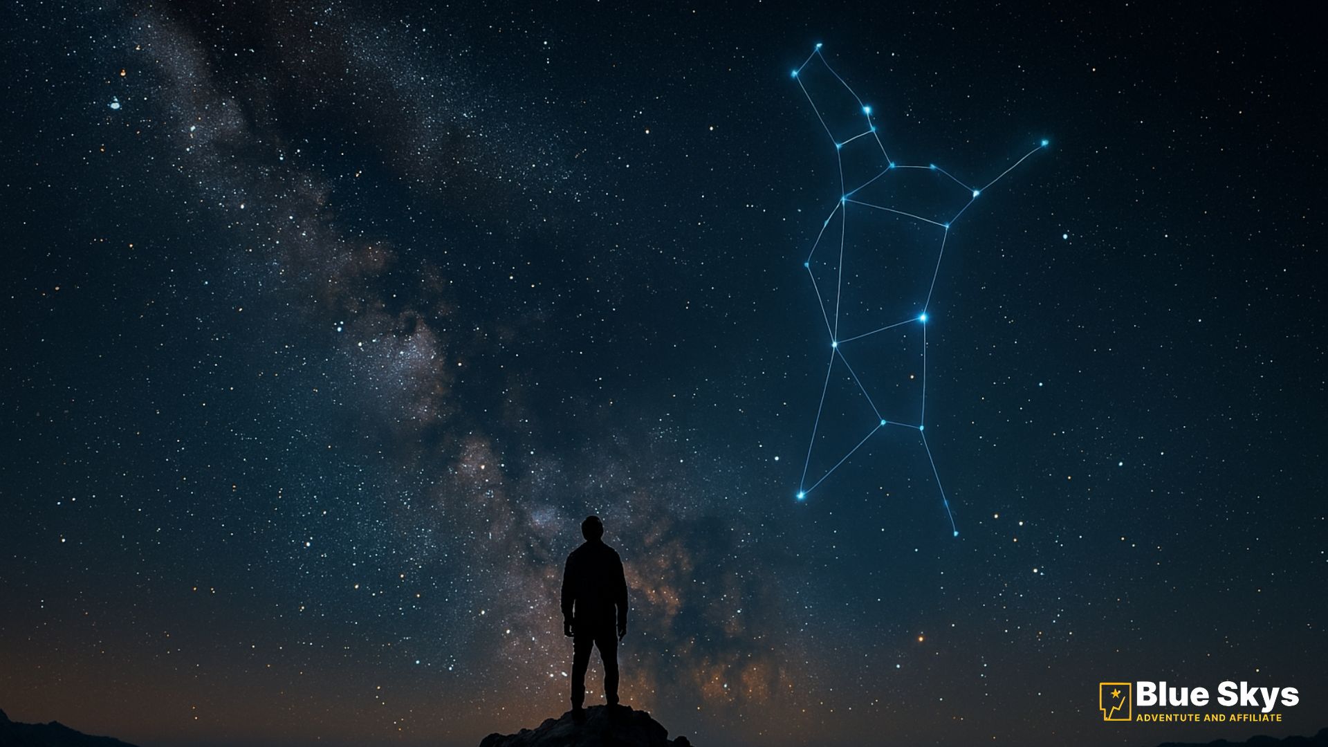 lone stargazer standing on a mountain under the brilliant Milky Way, with the constellation Orion faintly outlined in the sky.