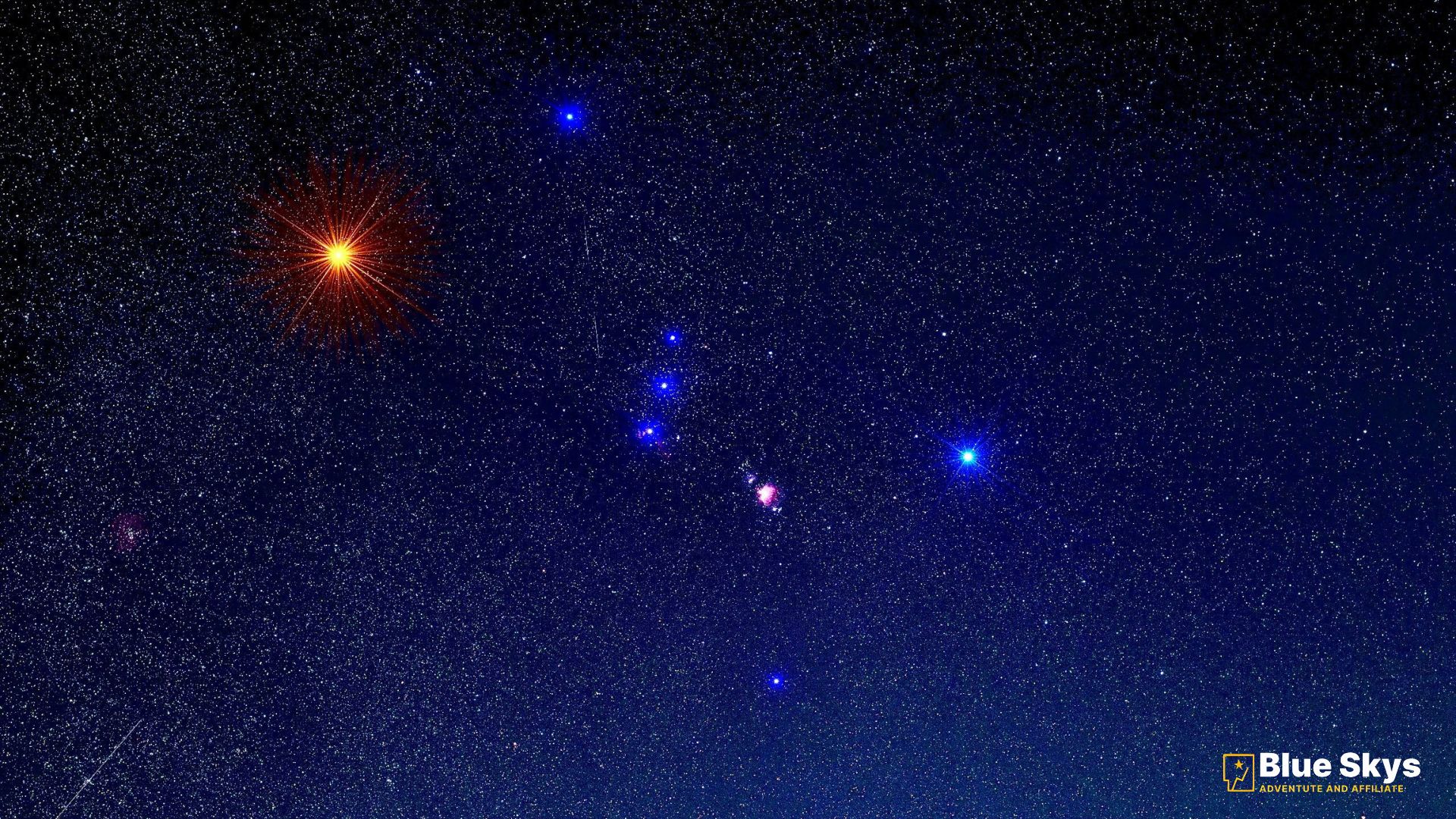 Annotated star map showing Orion’s Belt, Orion’s Sword, and the location of M42.